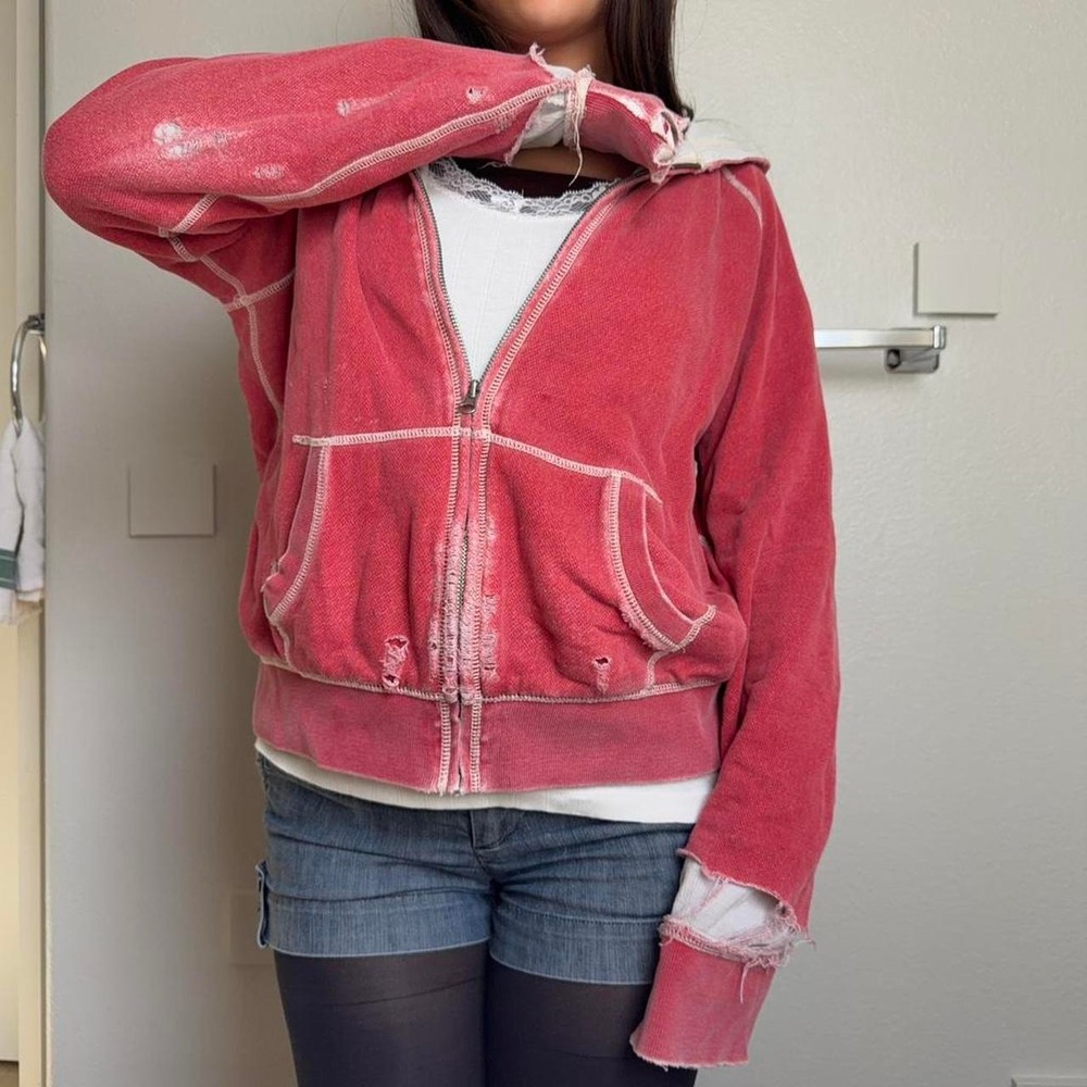 Lucky Brand Pink Distressed Zip Up Hoodie